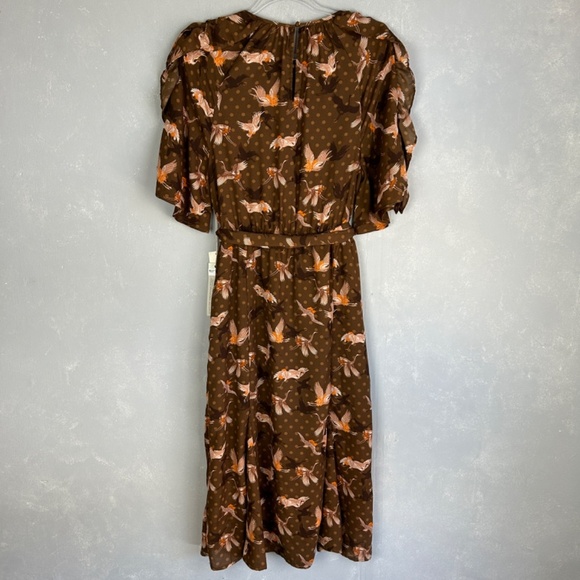 Happy Nature size L short puff flutter sleeve midi dress brown bird print NEW - Picture 10 of 17